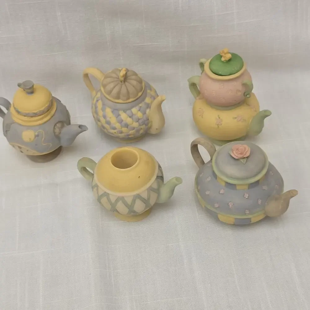 Russ Berrie Miniature Resin Teapot Tea Set Mixed Lot 8 Pc Dollhouse Fairy Garden